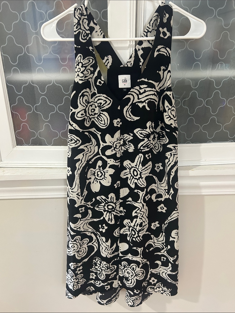CAbi Black and Cream Floral V-Neck Dress